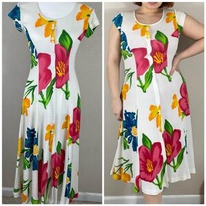 Vintage America Floral Midi Dress - White with Pink, Blue, Yellow
